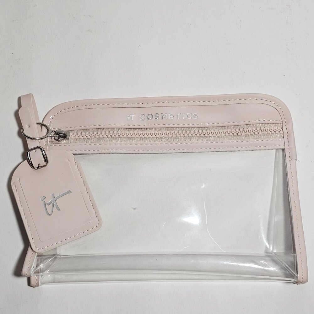 NEW!! IT COSMETICS Pink & Clear Cosmetic Makeup Bag With Travel Tag